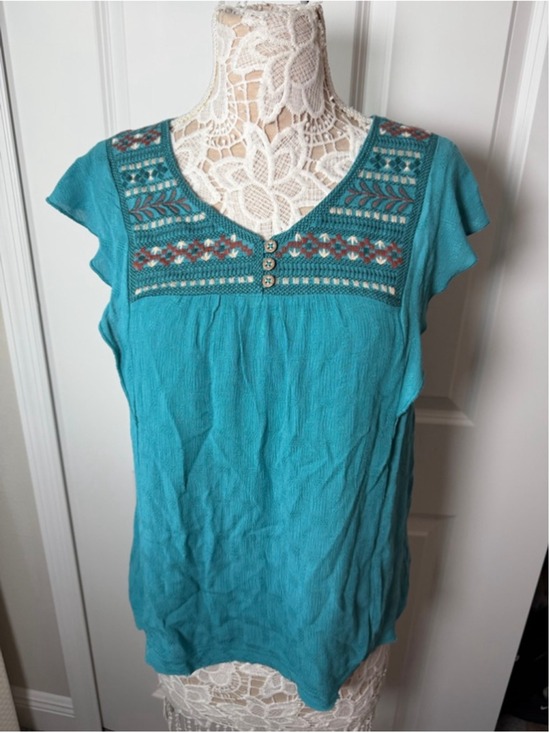 Knox Rose Tops - Knox Rose Teal Embroidered Short Sleeve Tee L EUC